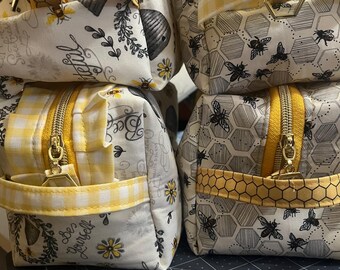 Handmade Bee & Lemon Fabric Zipper Pouches, Flat or Boxy Zipper Pouches, Cosmetic/Makeup Bag, Variety of Prints/Sizes, Honeycomb, Beehives