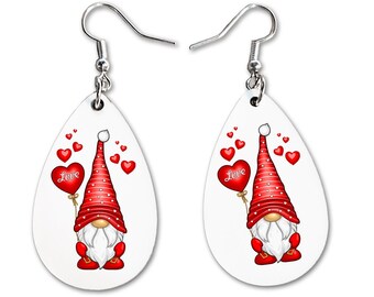 Gnome With Balloon Heart Valentines Day Apparel Earrings | Teardrop Dangle Earrings | VDAY Gift Ear ring | Cute Singles Awareness Day Earing