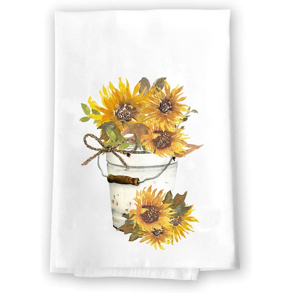 Sunflower Pail Towel Home Decor | Kitchen and Bath Hand Towels | Yellow Country Rustic Handmade Decorations