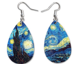 Starry Night Earrings | Gift for Art Enthusiast | Teardrop Dangle Earrings  | Original Art Print Vincent Van Gogh |