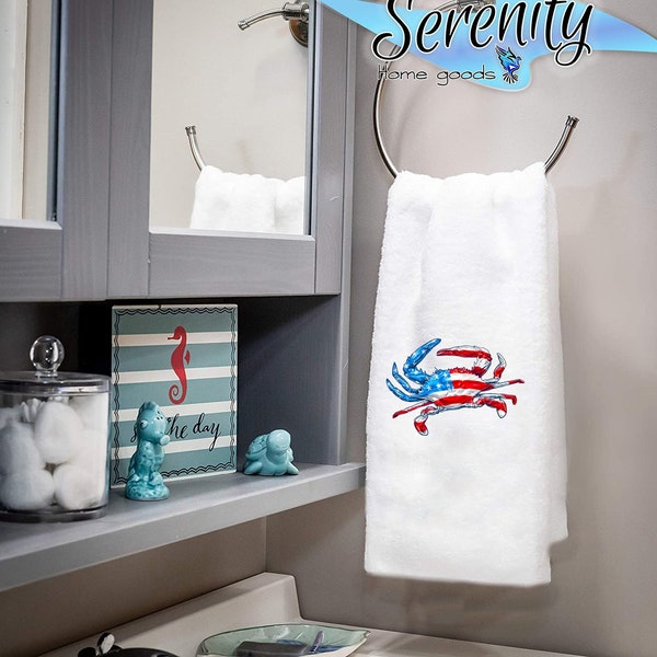 Decorative Kitchen and Bath Hand Towels | USA Crab | Home Decor | Red White Blue