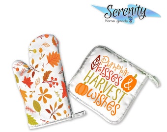 Pumpkin Kisses and Harvest Wishes | Decorative Kitchen Hot Plate Pot Holder Oven Mitt Set | Fall Autumn Pumpkin Orange Leaves