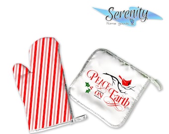 Peace On Earth | Decorative Kitchen Hot Plate Pot Holder Oven Mitt Set | Christmas Cardinal Red