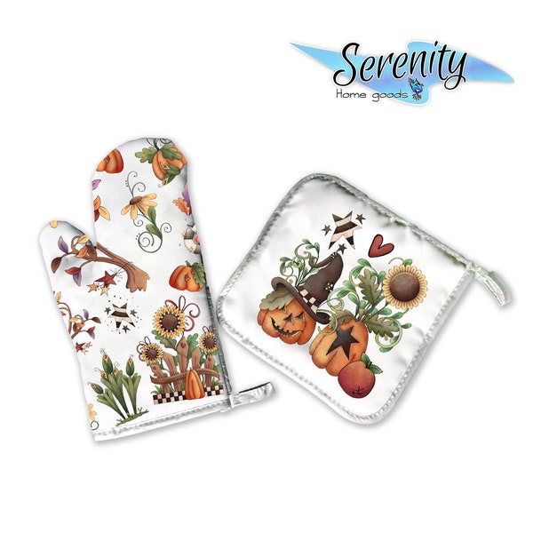 Decorative Kitchen Hot Plate Pot Holder Oven Mitt Set | Jack-O-Lantern | Fall | Pumpkin Sunflower Apple