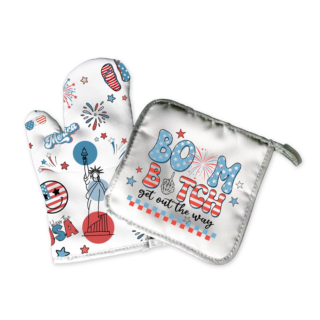 Decorative Kitchen Hot Plate Pot Holder Oven Mitt Set Retro Vintage USA Merica Yall Red White