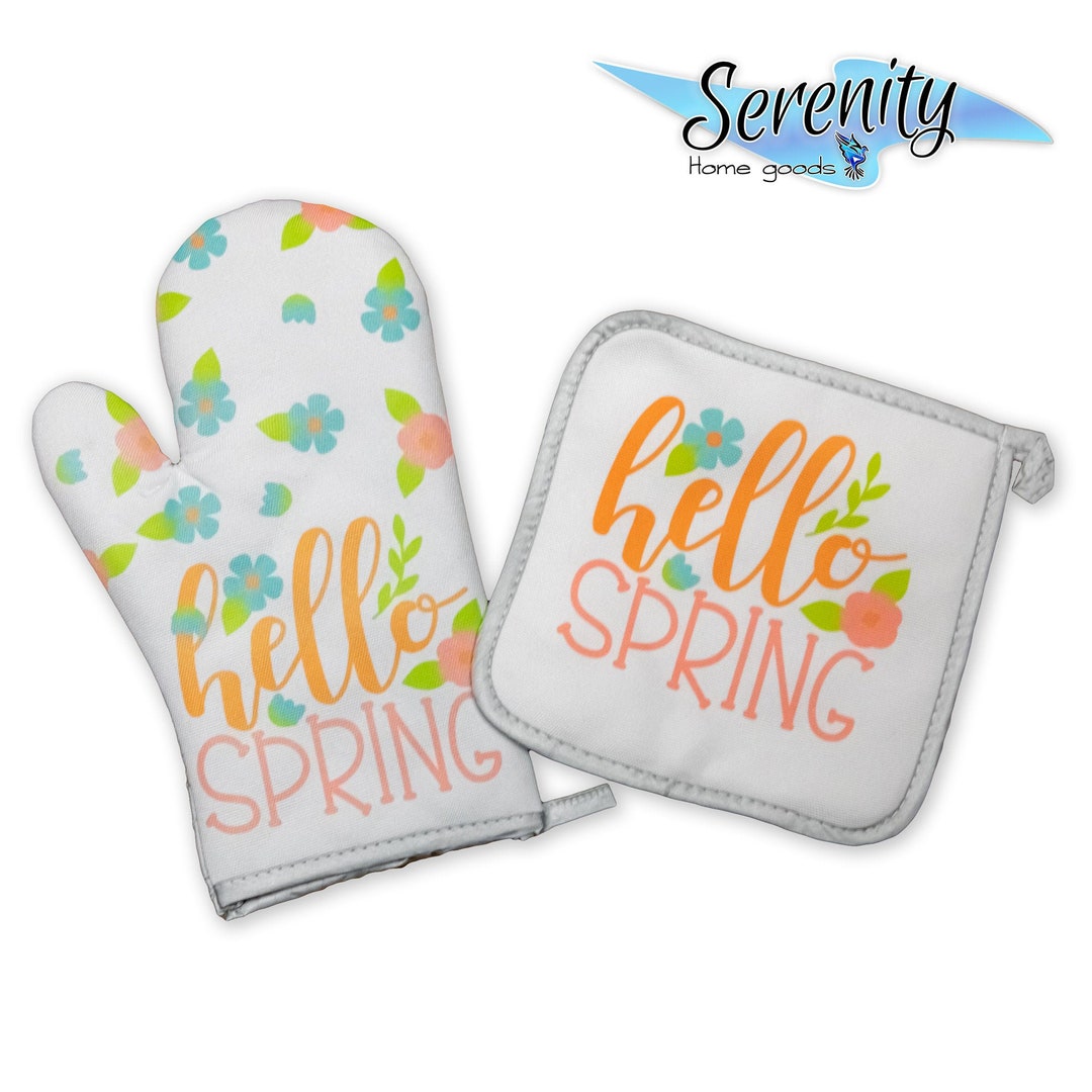Decorative Kitchen Hot Plate Pot Holder Oven Mitt Set Hello Spring March April May June Flowers