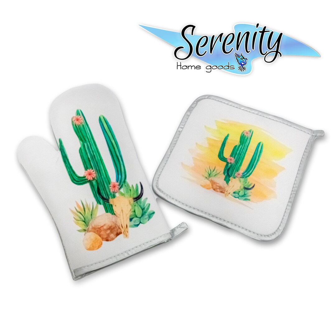 Decorative Kitchen Hot Plate Pot Holder Oven Mitt Set Desert Cactus Plant Sunset Green Orange