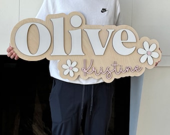 Flower Name Sign, Large Custom Wood Name Sign, Nursery Name Sign, Daisy Nursery, Above Crib Cut Out, Layered Baby Name Sign, Daisy Name Sign