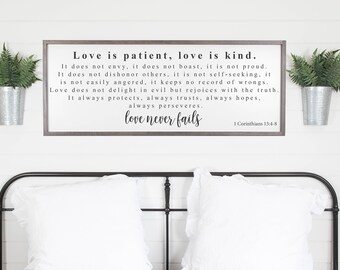 Love Is Patient Love Is Kind Sign, Love Never Fails Sign, Framed Wood Signs, 1 Corinthians 13, Farmhouse Scripture Sign, Bedroom Wall Decor