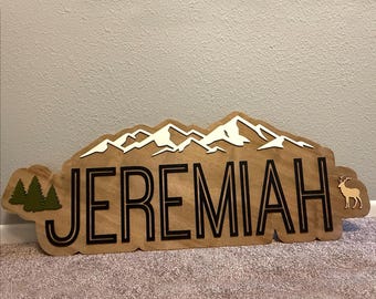 Mountains Name Sign, Large Wood Name Sign, Nursery Name Sign, Mountains Nursery, Above Crib Cut Out, Layered Baby Name Sign, Cut Out Sign