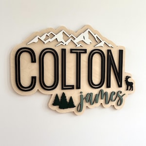 May include: Wooden sign with the name "COLTON james" in black and green lettering. The sign features a white mountain range, a green forest, and a black silhouette of a deer.