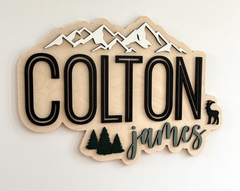 Mountains Name Sign, Large Wood Name Sign, Nursery Name Sign, Mountains Nursery, Above Crib Cut Out, Layered Baby Name Sign, Cut Out Sign