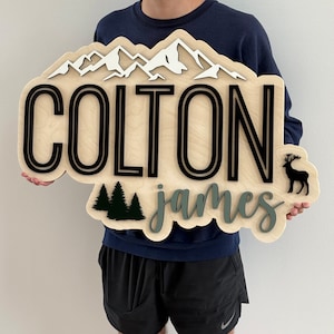 Mountains Name Sign, Large Wood Name Sign, Nursery Name Sign, Mountains Nursery, Above Crib Cut Out, Layered Baby Name Sign, Cut Out Sign