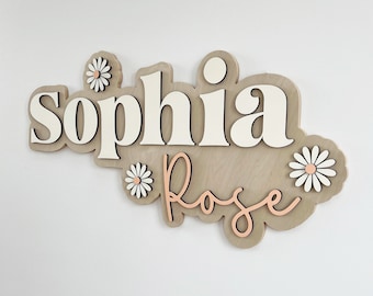 Flower Name Sign, Large Custom Wood Name Sign, Nursery Name Sign, Daisy Nursery, Above Crib Cut Out, Layered Baby Name Sign, Daisy Name Sign
