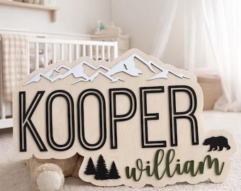 Mountains Trees Bear Name Sign, Large Wood Name Sign, Nursery Name Sign, Above Crib Cut Out, Layered Baby Name Sign, Cut Out Sign