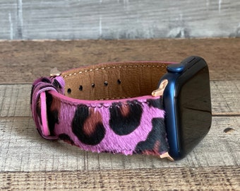 Furry Zebrina Pattern Leather Custom Watch Band, Apple Watch Band 38, 40, 41, 42, 44, 45, 49 mm, Galaxy, Fitbit Pixel, Fossil, iWatch Band,