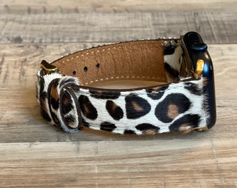 Furry Leopard Pattern Leather Custom Watch Band, Apple Watch Band 38, 40, 41, 42, 44, 45, 49 mm, Galaxy, Fitbit Pixel, Fossil, iWatch Band,