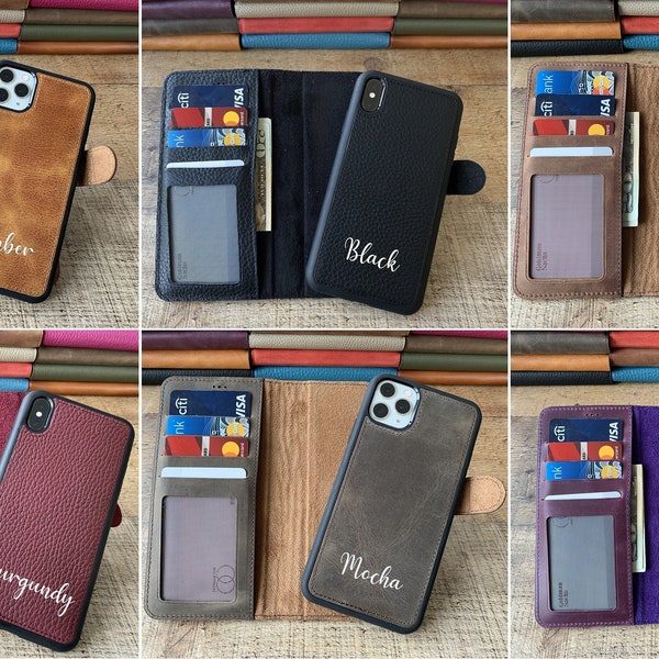 Top Grain Leather Personalized iPhone 15, 14, 13, 12, 11, X, XS Max, XR, 8, 7, 6 Plus Case, Detachable iPhone Wallet Case, Card Holder
