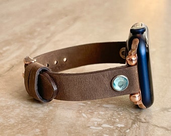 Slim Mocha Leather Watch Band, Beady Strap Apple Watch Band 38, 40, 41, 42, 44, 45, 49 mm Galaxy Fitbit Fossil Strap iWatch Band Women Band