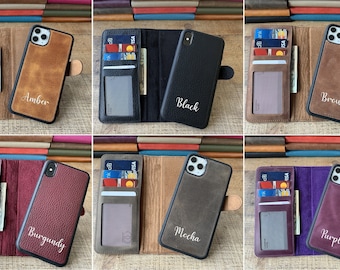Top Grain Leather Personalized iPhone 15, 14, 13, 12, 11, X, XS Max, XR, 8, 7, 6 Plus Case, Detachable iPhone Wallet Case, Card Holder