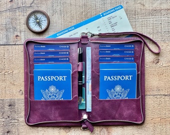 Custom Purple Leather Large Passport Cover, Zipped Family Passport Holder, Personalized Passport Travel Wallet Secured Passport Bag 6 Holder