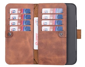 Leather iPhone Double Wallet 15, 14, 13, 12, 11, X, XS Max, XR, 8, 7 Plus Case, Magnetic Detachable Double Wallet Case, iPhone Card Holder