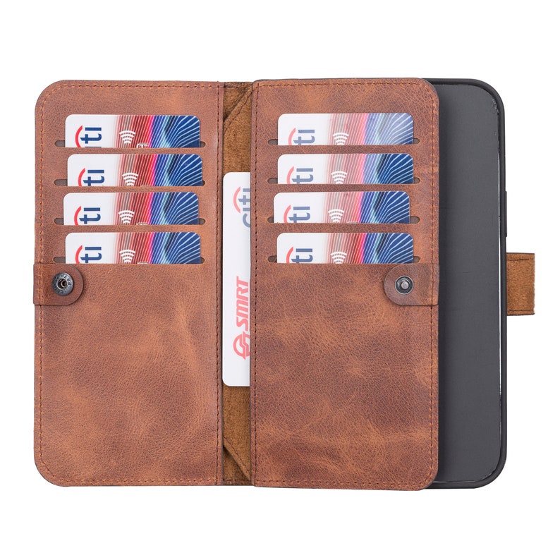 Antic Brown Leather iPhone Wallet 14, 13, 12, 11, X, XS Max, XR, 8, 7 Plus Case, Magnetic Detachable Double Wallet Case, iPhone Card Holder 