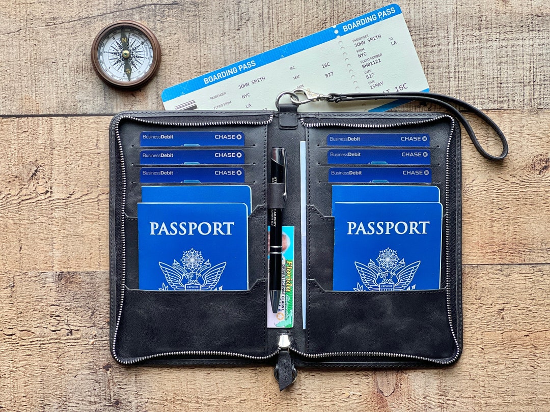 Custom Black Leather Large Passport Cover, Zipped Family Passport