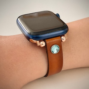Slim Russet Leather Watch Band, Beady Strap Apple Watch Band 38, 40, 41, 42, 44, 45, 49 mm Galaxy Fitbit Fossil Strap iWatch Band Women Band