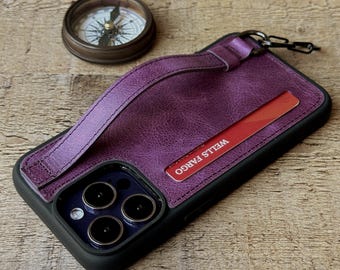 Hand Grip Leather iPhone Case for iPhone 17, 16, 15, 14, 13, 12, SE Series, Credit Card Holder Case with Clip, Strap Compatible iPhone Case