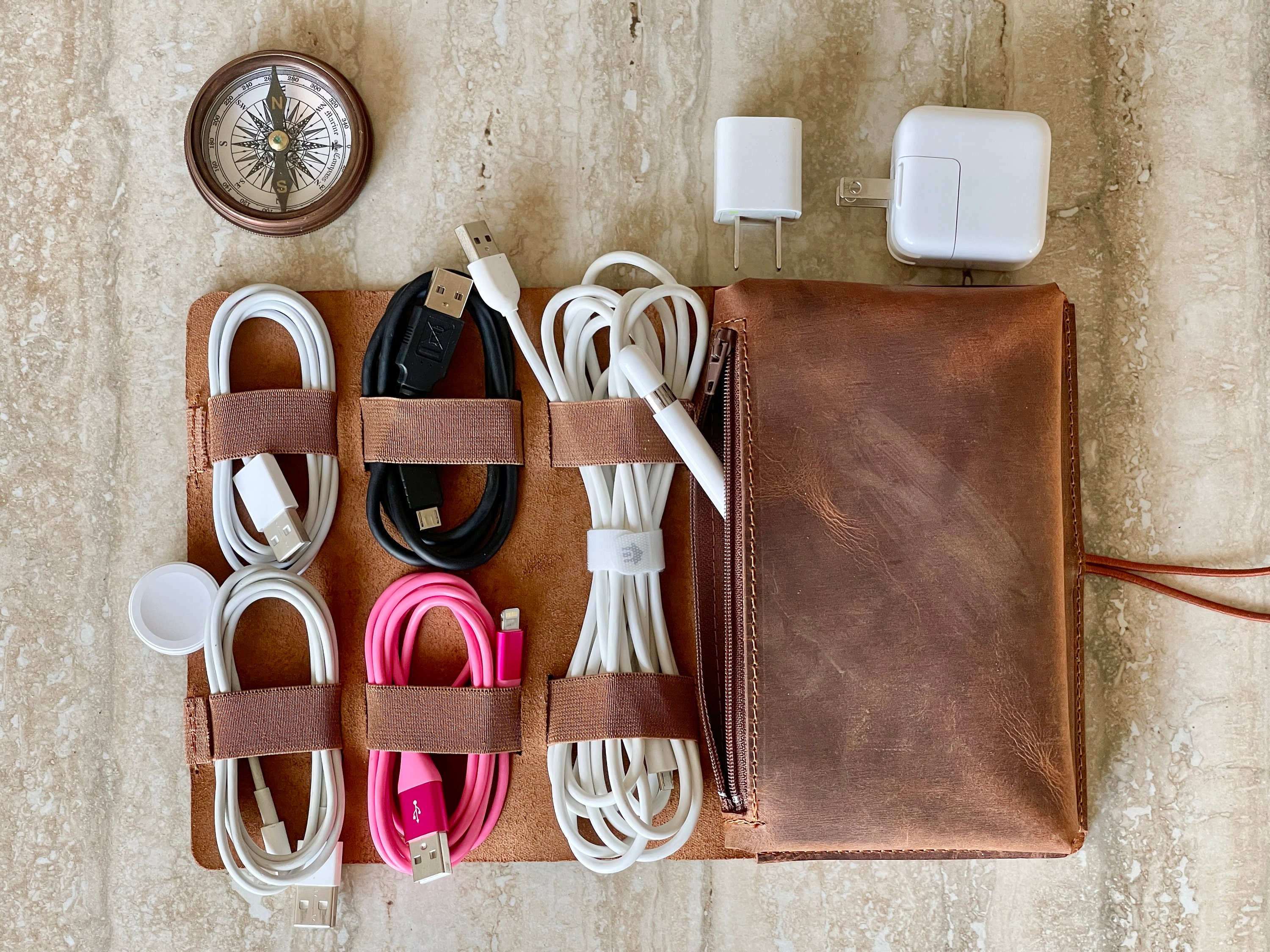 Custom Antic Leather Cable Organizer & Passport Holder