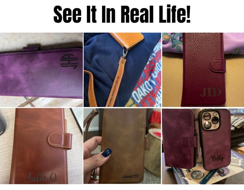 Puede incluir: La imagen muestra una variedad de fundas y accesorios de tel&eacute;fono personalizados de cuero. Los art&iacute;culos son en tonos de morado, marr&oacute;n y beige. Algunos art&iacute;culos tienen iniciales o nombres grabados. El texto "See It In Real Life!" est&aacute; en la parte superior de la imagen.
