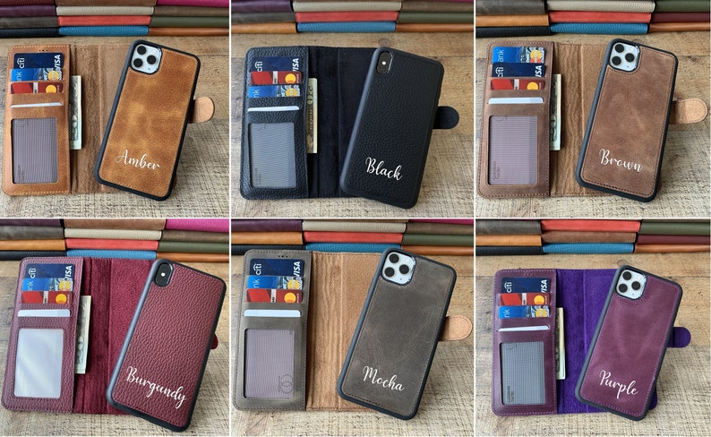 Top Grain Leather Personalized iPhone 14, 13, 12, 11, X, XS Max, XR, 8, 7, 6 Plus Case, Detachable iPhone Wallet Case, iPhone Card Holder 