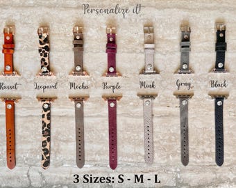 Custom Slim Leather Watch Band, Beady Straps Apple Watch Band 38, 40, 41, 42, 44, 45, 49 mm, Galaxy, Fitbit, Fossil, iWatch Band, Women Band