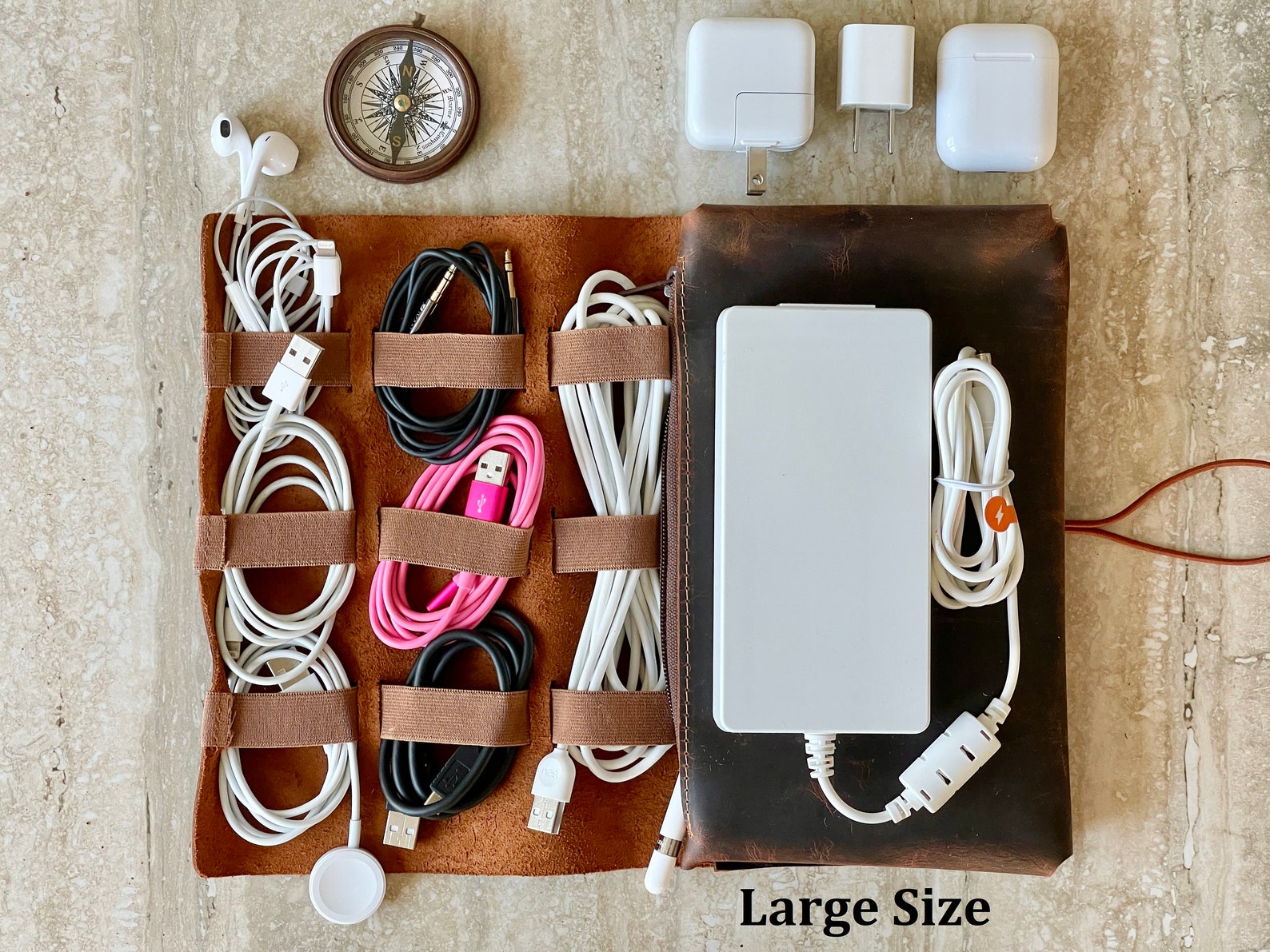 Leather Cable and Charger Organizer Bag, Handmade Cord Organizer