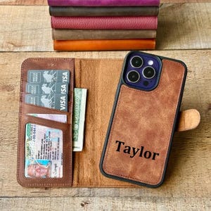 Brown Leather Personalized iPhone 16, 15, 14, 13, 12, 11, X, SE, 8, 7 Plus Case, Detachable iPhone Wallet Case, Custom iPhone Card Holder