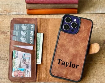 Bruin leer gepersonaliseerde iPhone 17, 16, 15, 14, 13, 12, 11, SE, 8,7 Plus, Pro Max, Air Case, iPhone-portemonneehoesje, aangepaste iPhone-kaarthouder