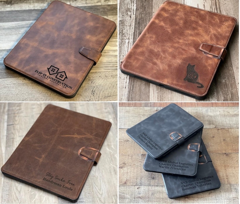 May include: Leather tablet cases in brown and gray with engraved designs and text. One case features the text "FLIP IT CONSTRUCTION", another has a cat silhouette, and others have personalized text.