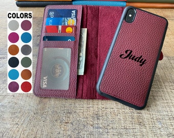 Pebbled Burgundy Bordeaux Leather iPhone 15, 14, 13, 12, 11, X, XS Max, XR, 8, 7, 6 Plus Case, Custom Detachable iPhone case, Card Holder