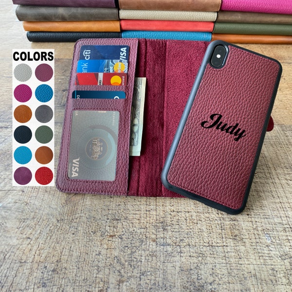 Pebbled Burgundy Bordeaux Leather iPhone 15, 14, 13, 12, 11, X, XS Max, XR, 8, 7, 6 Plus Case, Custom Detachable iPhone case, Card Holder