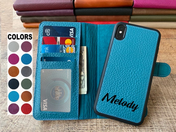 Grain Blue Turquoise Leather iPhone X, XS, XS Max, XR, 8, 7, 6 Plus Case,  Detachable iPhone Magnetic wallet case, iPhone Card Holder