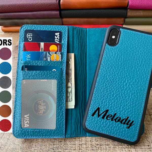 Grain Blue Turquoise Leather iPhone X, XS, XS Max, XR, 8, 7, 6 Plus Case, Detachable iPhone Magnetic wallet case, iPhone Card Holder