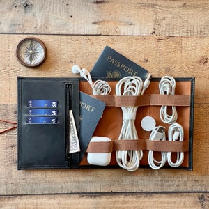Custom Antic Black Leather Cable Organizer & Passport Holder, Personalized Handmade Cord organizer, Travel charger roll, Tech, Wire organize