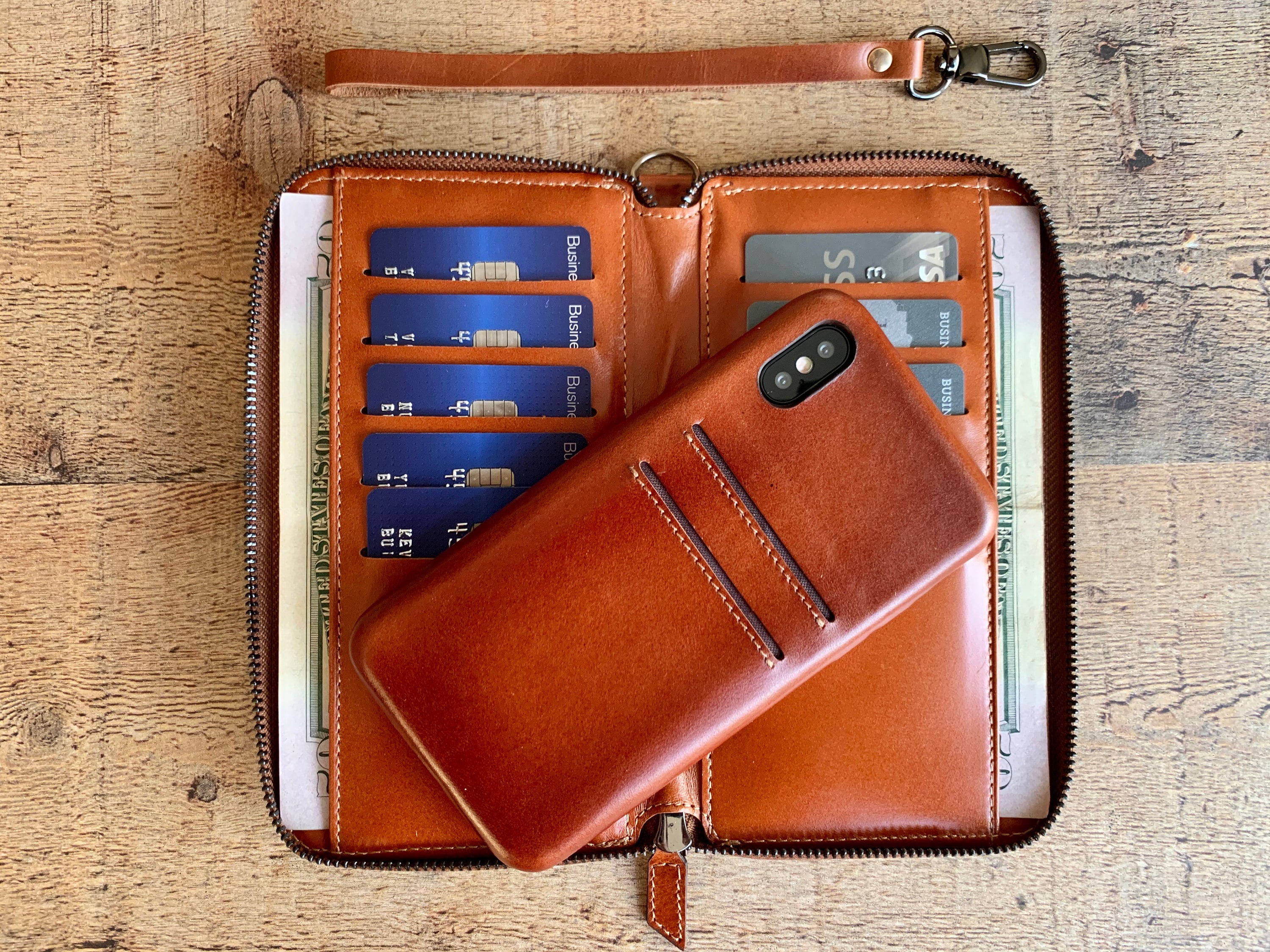 Russet Leather iPhone Full Cover Credit Card Case and Wallet. iPhone wallet case for 16, 15, 14, 13, 12, 11, 11 Pro, X, Xs Max, XR, 8, 7, 6