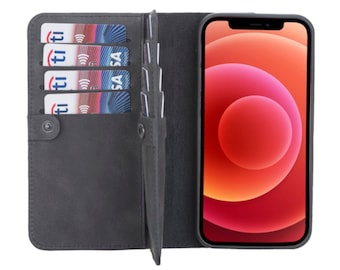 Black Leather iPhone Wallet 15, 14, 13, 12, 11, X, XS Max, XR, 8, 7, 6 Plus Case, Magnetic Detachable Double Fold Wallet Case, Card Holder