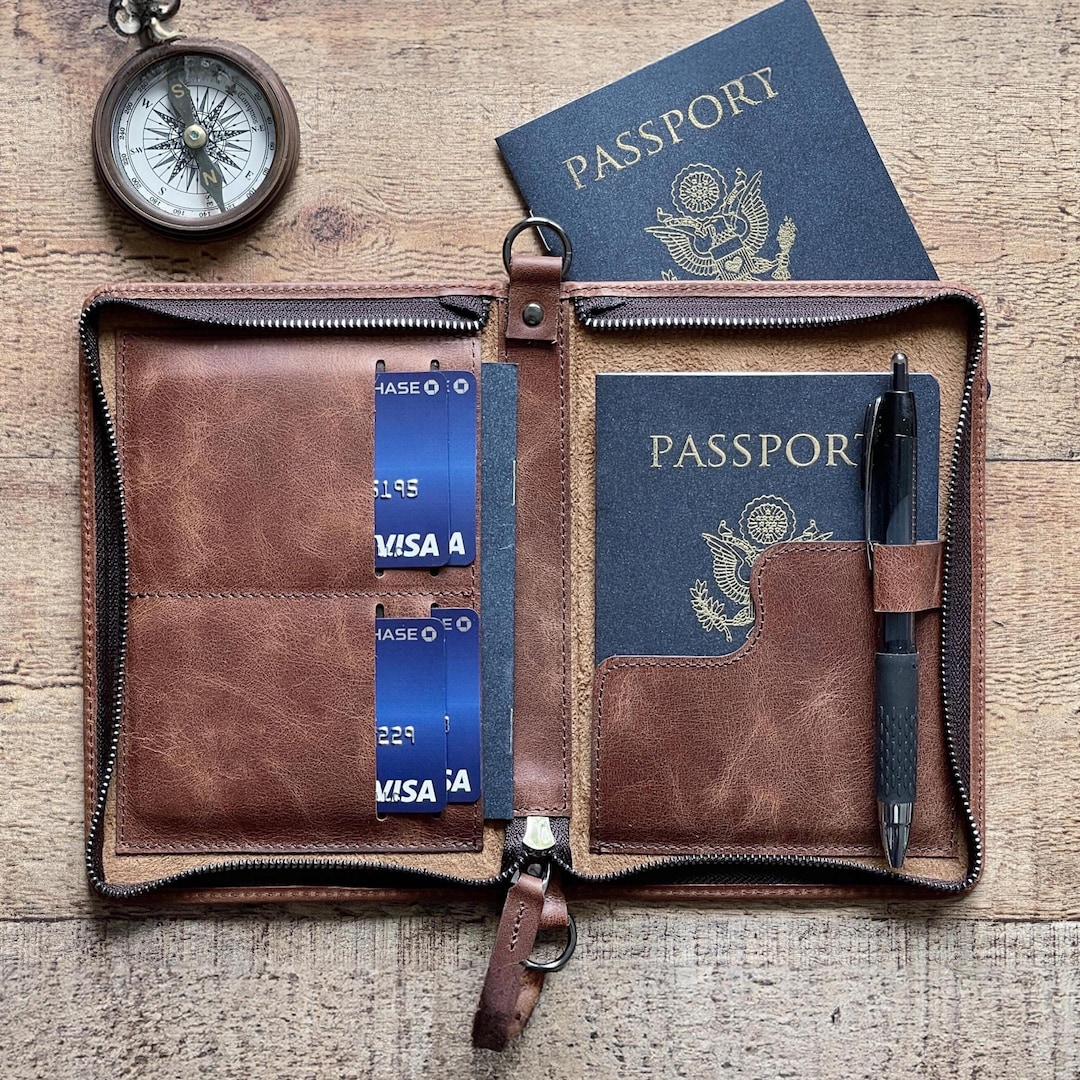 Custom Antic Leather Passport Cover, Zippered Bi-fold Passport