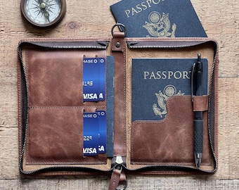 Custom Antic Leather Passport Cover, Zippered Bi-fold Passport Holder, Personalized Passport Wallet, Travel Wallet, Secured Passport Bag