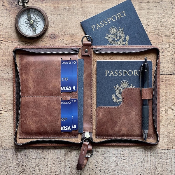 Custom Antic Leather Passport Cover, Zippered Bi-fold Passport Holder, Personalized Passport Wallet, Travel Wallet, Secured Passport Bag
