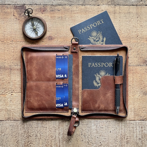 Custom Antic Leather Passport Cover, Zipped Bi-fold Passport