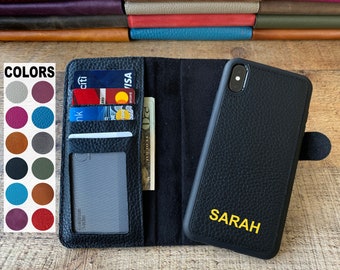 Pebbled Black Leather iPhone 15, 14, 13, 12, 11, X, XS Max, XR, 8, 7, 6 Plus Case, Personalized Detachable magnetic case iPhone Card Holder